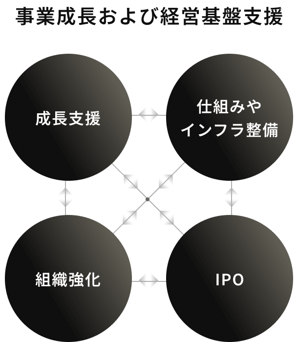 事業成長および経営基盤支援。成長支援＋仕組みやインフラ整備＋組織強化＋IPO